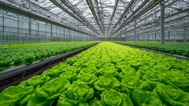 Fresh green lettuce growing in large rows inside a modern greenhouse, showing hydroponic farming techniques for sustainable agriculture and food production