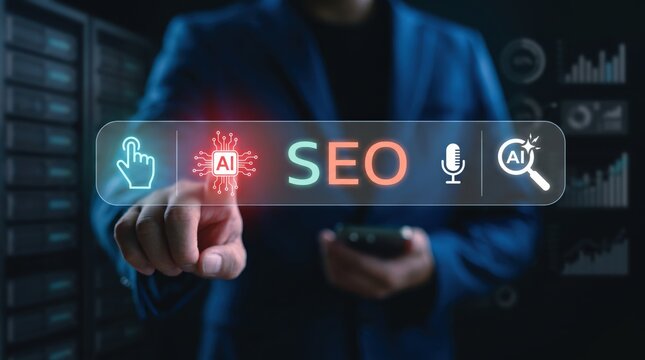Futuristic SEO search bar interface with artificial intelligence icons, voice search and digital marketing optimization for web development, content strategy and online visibility
