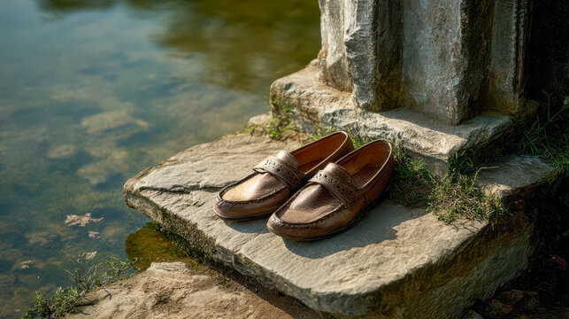 Stone water and waiting shoes tell a quiet story of a moment by the edge of the lake