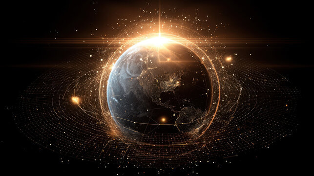 Earth located in the center of a digital network displaying connections and activity