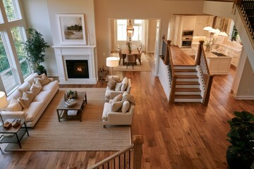 Fototapeta premium Spacious home interior featuring an open concept living room, dining area, and kitchen