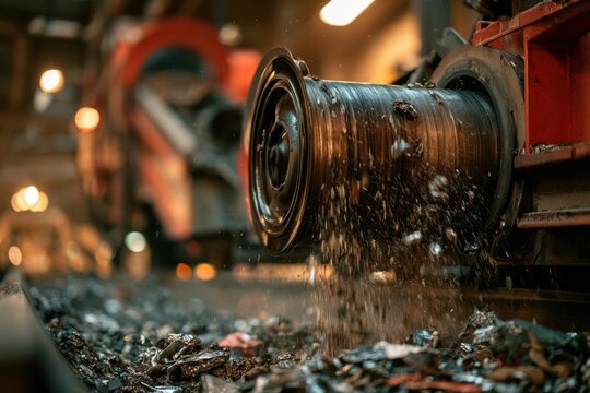 Industrial shredder machine breaking down metal debris on a conveyor belt