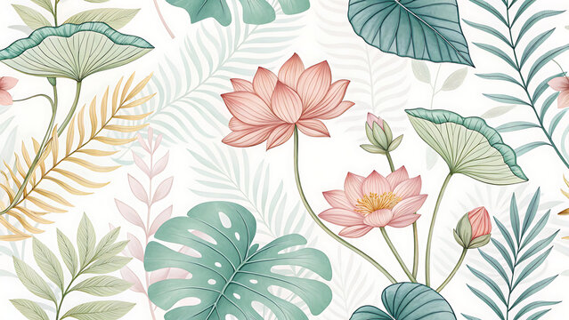 Elegant watercolor lotus flower seamless pattern with leaves