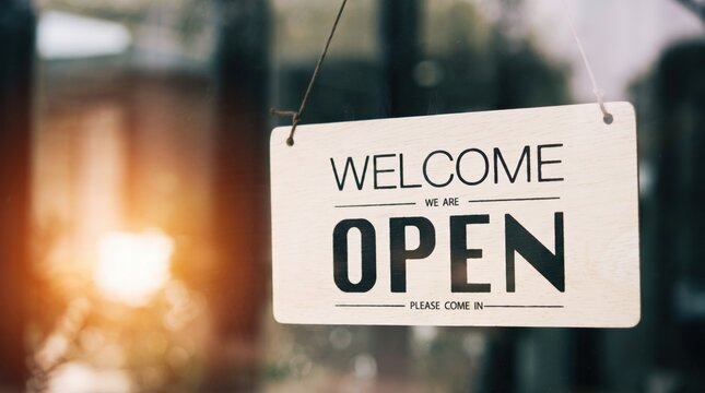Welcome open sign hanging on glass door, inviting customers to enter shop or cafe, small business retail with warm sunlight, ready for service and shopping experience during day
