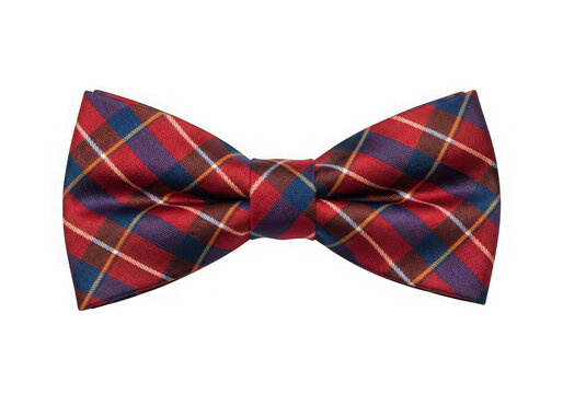 Red and blue plaid bow tie with a classic fabric pattern for formal mens fashion isolated on transparent background