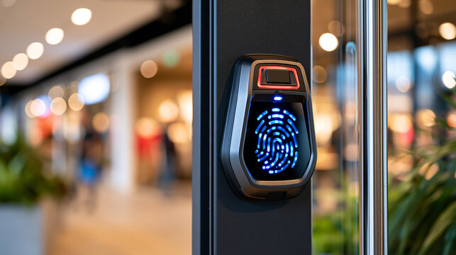 Illuminated security badge scanner device mounted near a retail fashion boutique entrance in a crowded shopping district, close up detail of the access panel showing encrypted biometric reader techn