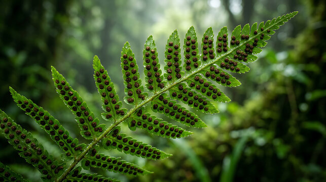 Close-up of a vibrant green fern leaf featuring detailed dark brown sori spores on the underside, captured in a lush, misty tropical rainforest setting with soft natural bokeh lighting.