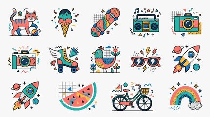 Fototapeta premium Corporate Vibrant Colorful Set of Playful Icons Featuring Cats Ice Cream Skateboards Cameras Booms Rockets Bicycles and More