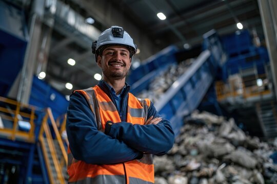 Smiling worker in safety vest and hard hat standing with crossed arms at waste sorting facility