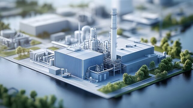 Time-lapse rendering of industrial facility implementing carbon capture systems to reduce emissions. Modern blue-toned architectural model with surrounding greenery and water body.
