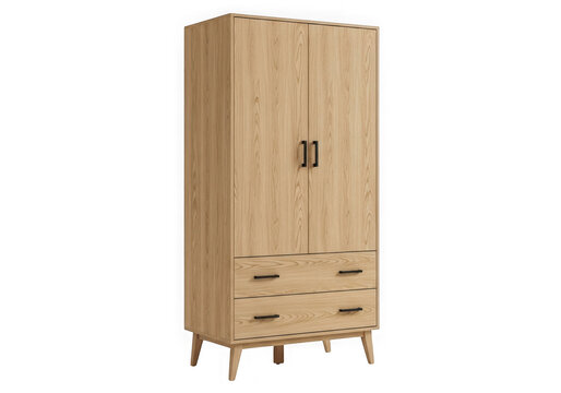 Modern light wood wardrobe cabinet with two doors and bottom storage drawers unit isolated on transparent background