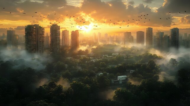 Aerial view of a forest gradually giving way to dense urban skyline at golden hour with misty haze and birds in flight capturing nature's retreat amid city expansion.