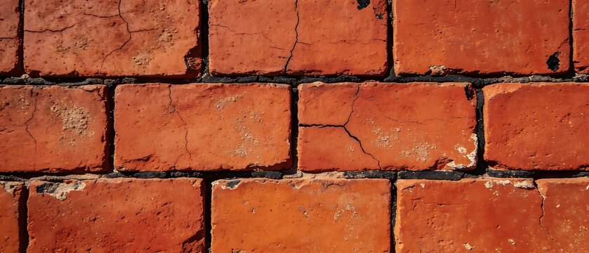 Close up of a weathered red brick wall texture with cracks.