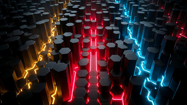 Abstract 3D Background with Hexagonal Pillars and Glowing Neon Light Trails in Red, Blue, and Gold, Futuristic Technology Concept for Digital Infrastructure and Data Visualization