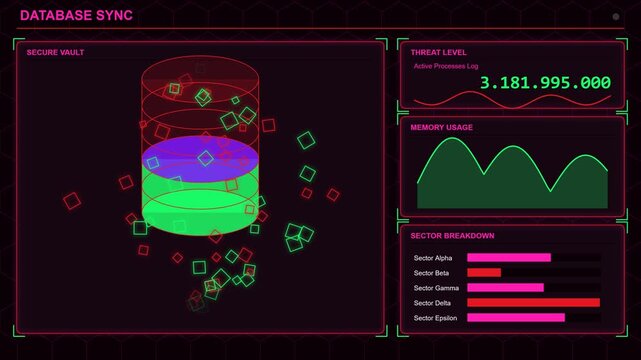 Database sync interface showing secure vault data visualization with animated digital metrics
