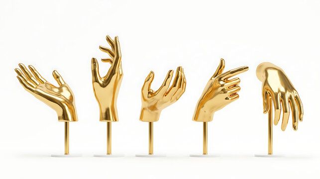 Set of Five Elegant Golden Mannequin Hands Displaying Various Gestures on Stands Isolated on White Background for Jewelry and Accessory Presentation