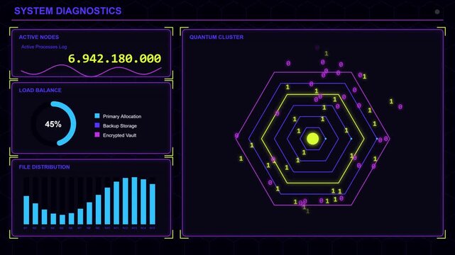 System diagnostics dashboard with quantum cluster visualization and real time data analytics