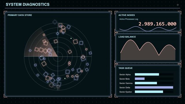 System diagnostics radar interface with data visualization charts and digital process metrics