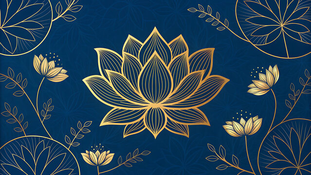 Elegant golden lotus floral pattern on navy blue background