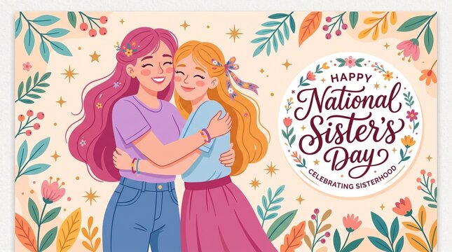 National Sister's Day greeting card, happy sisters hugging with floral background, sisterhood celebration illustration