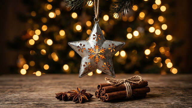Rustic Christmas Decoration with Glowing Metal Star Ornament, Cinnamon Sticks, and Star Anise on a Wooden Table against a Festive Bokeh Background