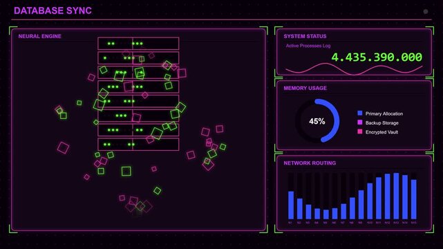 Database sync digital interface showing network routing and system status with data analytics