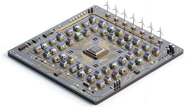Advanced processor smart city grid built on an electronic board with residential solar homes and wind generators connected via golden circuit traces under