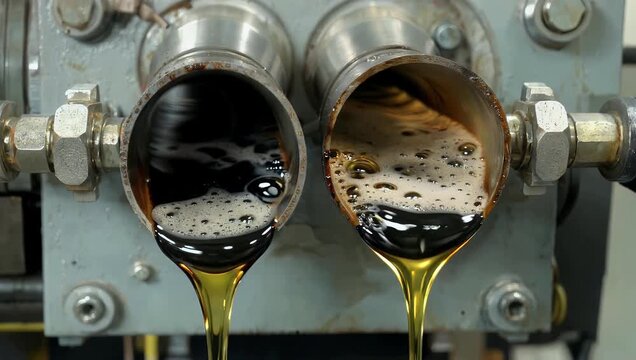 Educational 4K industrial laboratory video showcasing a stark side-by-side comparative analysis between fresh amber-colored engine oil and a dark degraded sample of heavily oxidized machinery fluid