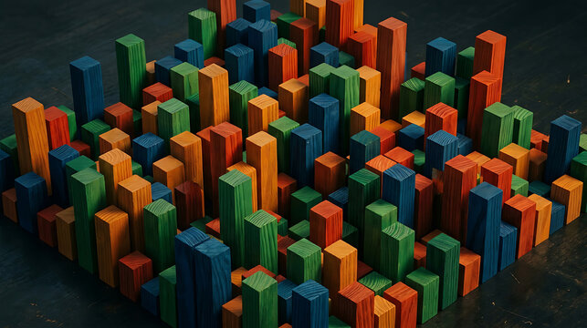 Abstract 3D Background with Multicolored Wooden Blocks Arranged in a Cityscape Skyline Pattern on a Dark Textured Surface
