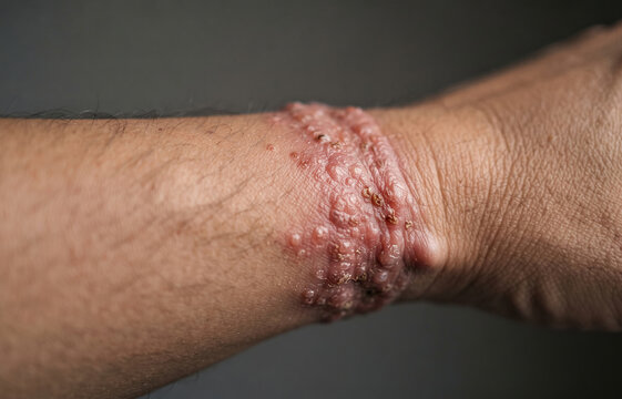 Close Up of Raised Bumpy Rash and Viral Blisters on Human Wrist Skin Surface