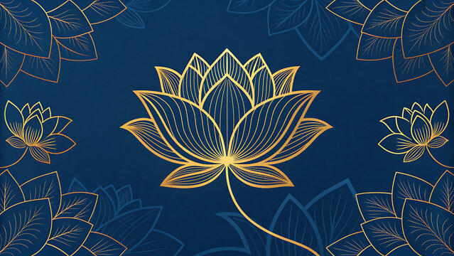 Golden lotus flower illustration on elegant dark blue background