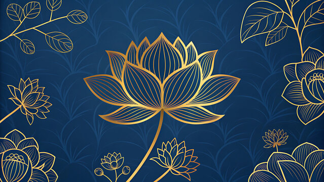 Decorative golden lotus floral pattern on dark blue backdrop