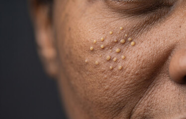 Naklejka premium Extreme Close Up of Syringoma and Milia Bumps on African American Female Facial Skin