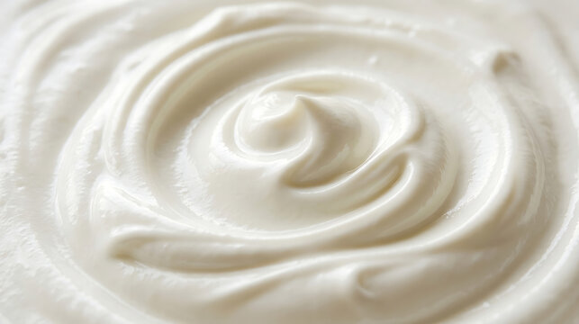 Close-up of smooth, creamy white yogurt texture with soft swirls and gentle peaks, high-quality food photography background of dairy product, sour cream, or whipped cream surface
