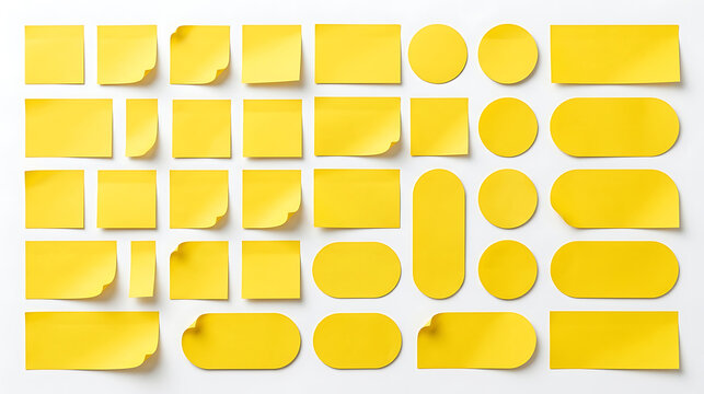 Collection of Various Yellow Sticky Notes and Adhesive Memo Pads of Different Shapes and Sizes Isolated on White Background for Office Organization and Reminders