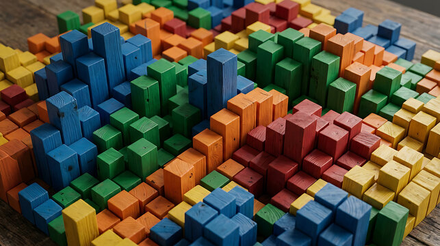 Abstract Background of Colorful Wooden Blocks Arranged in a 3D Cityscape Skyline Pattern on a Rustic Wooden Surface