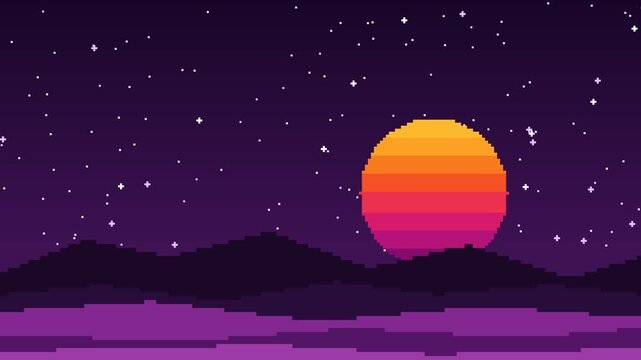 Retro Pixel Art Landscape with Sunset and Mountains