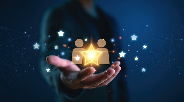 Hand holding glowing star rating icon with people silhouette, customer satisfaction feedback review quality service