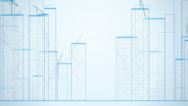 Blue construction site blueprint animation with emerging skyscraper structures