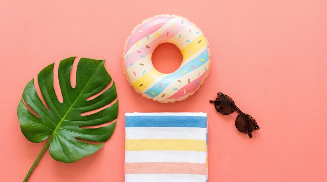 Summer vacation composition on pink with inflatable donut ring, sunglasses, striped towel and tropical palm leaf, holiday travel, beach party, relaxation, leisure time, fun