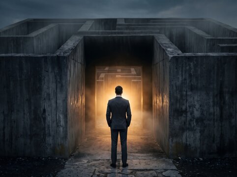 A solitary professional gazing into a misty monolithic concrete labyrinth, hands in pockets while confronting complex business challenges and strategic