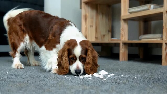 A Nova Scotia Duck Tolling Retriever sniffing curiously through scattered white toy stuffing on a living room carpet floor