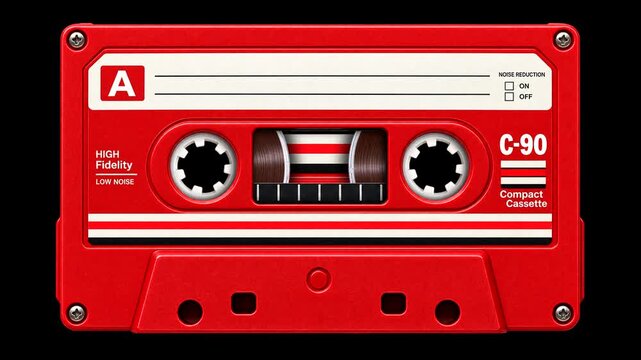Red compact cassette tape with spinning reels animation, retro 90s music concept on black background