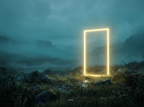 Bright yellow glowing rectangular portal standing in a misty landscape with rolling hills, dark rocky outcrops, and wet ground covered in low grass