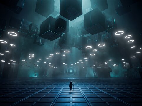 Futuristic astronaut figure holding a glowing staff inside a vast mysterious hall filled with floating dark geometric monoliths and luminous circular lights