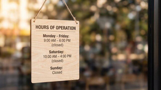 Wooden hanging signboard displaying hours of operation on glass door, Monday to Friday schedule, weekend closed notice, shop or cafe opening times, retail store business