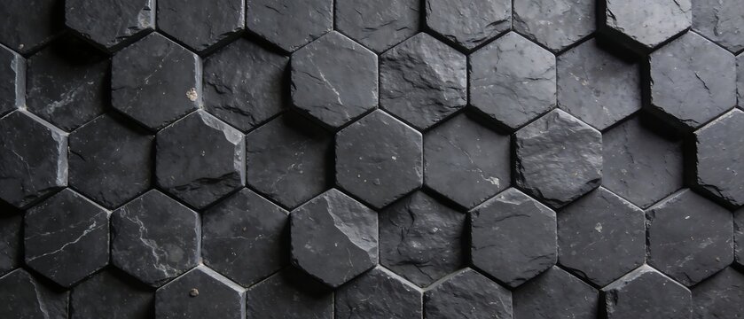Dark Hexagonal Stone Wall Texture Background Pattern.