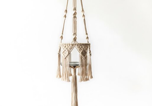 Intricate handmade macrame plant hanger with glass jar suspended in the center