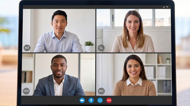 Four diverse business professionals participating in a remote video conference displayed on a laptop screen