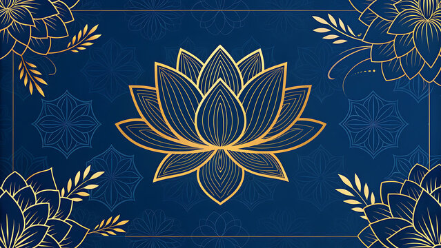 Golden lotus flower pattern on elegant dark blue background